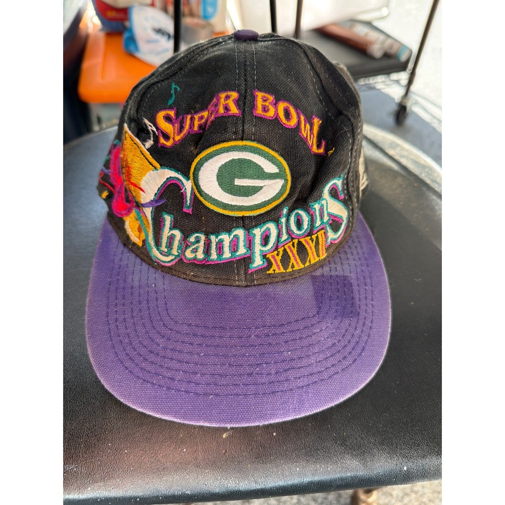 Vintage Green Bay Packers Super Bowl XXXI Champions Snapback Hat Logo 7 Black